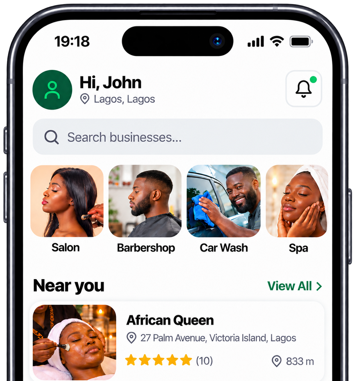 The Zubio app showing salons, barbershops, car washes and spas near you in Lagos