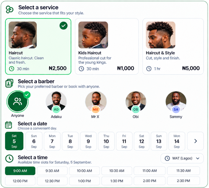 A business&rsquo;s booking page: choosing a service, choosing a barber, then a date and a time, with prices beside each service